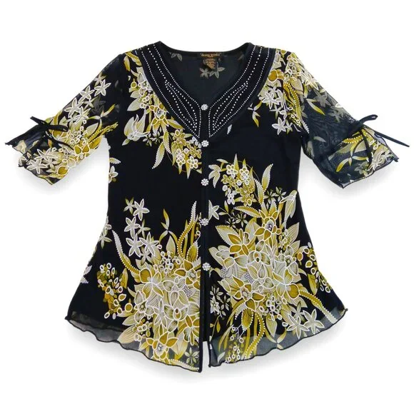 Design Works- Women's Top-Black, Green-White floral- PSMALL-Lined 3/4 Sleeve - Picture 1 of 14